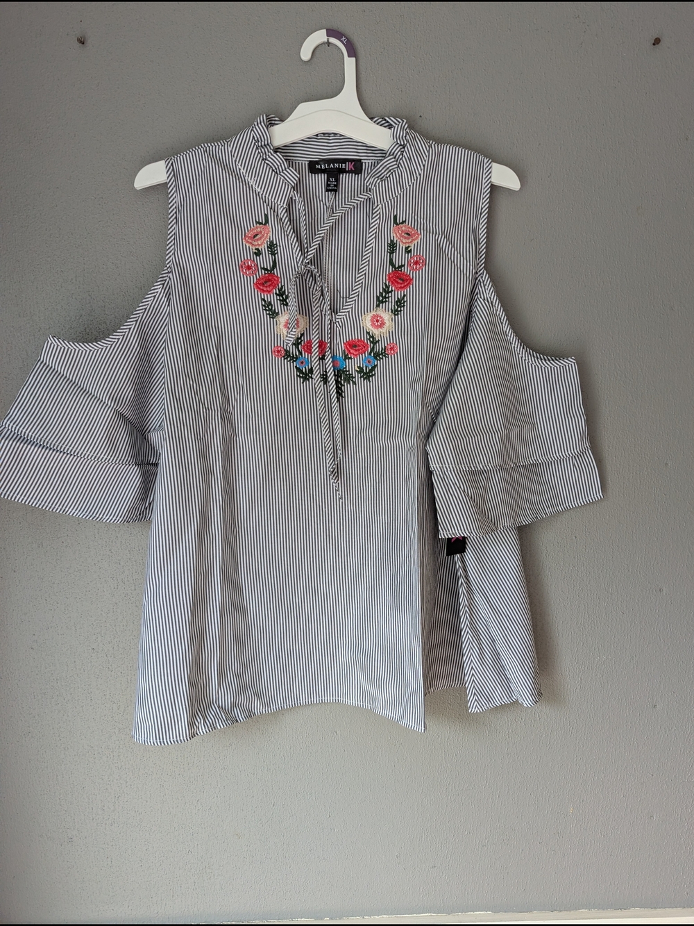 Black & White Pinstripe Cold-Shoulder Top with Pink Floral Embroidery Loose Fit